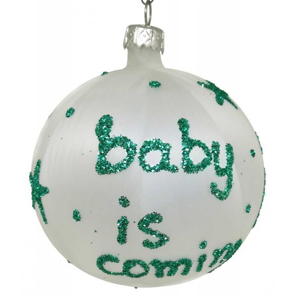 Χριστουγεννιάτικη Χειροποίητη Γυάλινη Μπάλα "Baby Ιs Coming", Πράσινη (10cm)